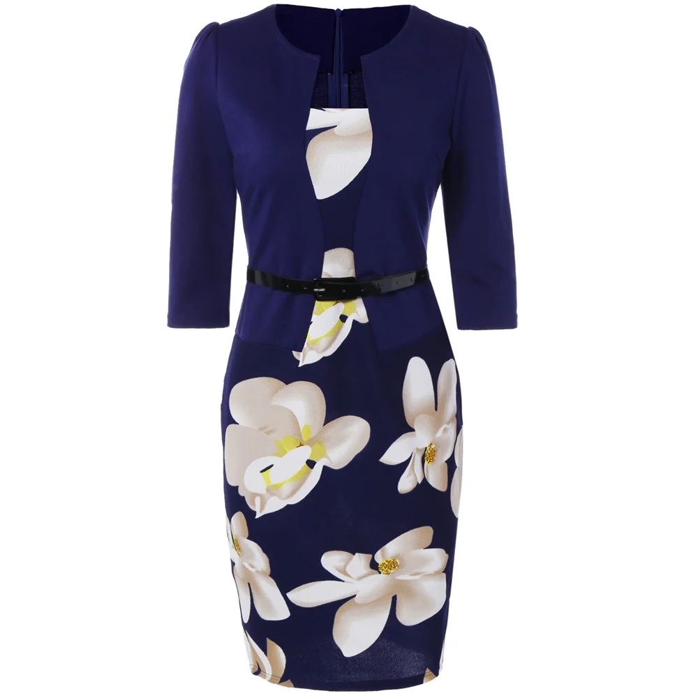 VESTLINDA Pencil Office Dress 5 Colors Plus Size Jacket Look Floral Print Women Vestidos Mujer Jurken Robe Slim Bodycon Dresses 8