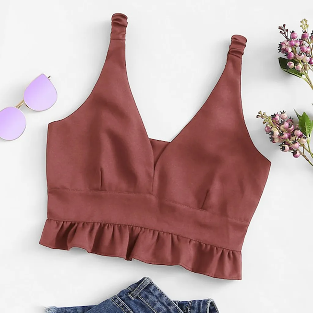 Women Solid Casual Tank Tops Deep V-Neck Frill Ruffled Hem Vest Summer Strappy Crop Top Sleeveless Shirt haut femme 2019
Women Solid Casual Tank Tops Deep V-Neck Frill Ruffled Hem Vest Summer Strappy Crop Top Sleeveless Shirt haut femme 2019