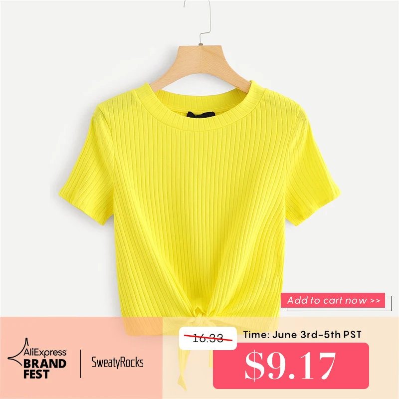 

SweatyRocks Neon Color Knot Front Solid Ribbed Tee Style Fashion Stretchy T-shirt 2019 Summer Casual Women Yellow Tees And Tops