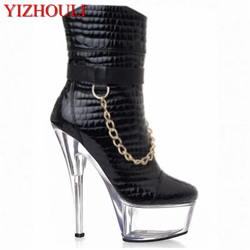 

6 inch women short boots winter punk motorcycle boots 15 cm gold chain Platform high heels party shoes star dress ankle boots