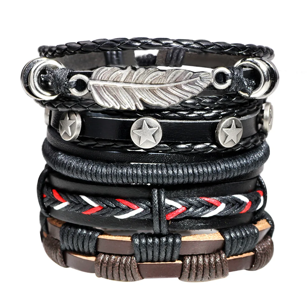 5pcs/set Boho Gypsy Hippie Punk Feather Star Charm Black Leather Cord Rope Wrap Knot Layer Stacked Bracelets Set for Man Jewelry
5pcs/set Boho Gypsy Hippie Punk Feather Star Charm Black Leather Cord Rope Wrap Knot Layer Stacked Bracelets Set for Man Jewelry