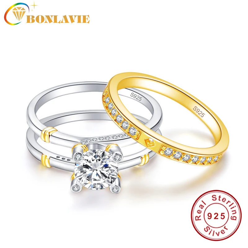 BONLAVIE Wedding Band Rings Set Solid 925 Sterling Silver 2.6Ct White Topaz Engagement Ring with 18K Gold Plated Tail Rings
BONLAVIE Wedding Band Rings Set Solid 925 Sterling Silver 2.6Ct White Topaz Engagement Ring with 18K Gold Plated Tail Rings