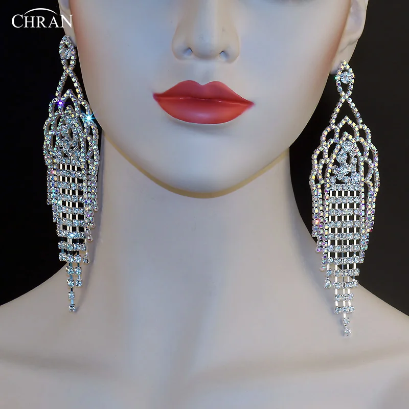 

CHRAN Classic Flower Design Luxury Wedding Jewelry Silver Plated Rhinestone Chandelier Drop Long Tassels Big Earrings for Women