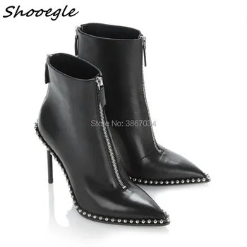 SHOOEGLE Pointed Toe Sexy Stiltto Woman Studs Embellished Ankle Booties Thin High Heels Black Leather Boots Shoes Front Zipper
SHOOEGLE Pointed Toe Sexy Stiltto Woman Studs Embellished Ankle Booties Thin High Heels Black Leather Boots Shoes Front Zipper