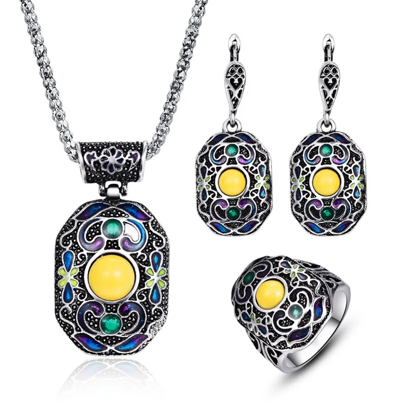 Color Enamel Bohemian Jewelry Sets For Women Antique Silver Yellow Resin Beaded Big Square Pendant Necklace Earrings Ring Sets
Color Enamel Bohemian Jewelry Sets For Women Antique Silver Yellow Resin Beaded Big Square Pendant Necklace Earrings Ring Sets