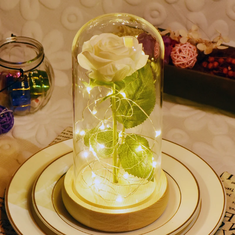 

Original Worth Beauty and the Beast Red Rose in a Glass Dome on a Wooden Base for Valentine's Gifts