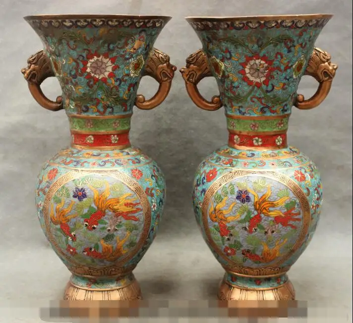 S01165 14 Folk China Cloisonne Bronze Gilt Palace Dragon Head Fish Statue Pot Vase Pair B0403
S01165 14 Folk China Cloisonne Bronze Gilt Palace Dragon Head Fish Statue Pot Vase Pair B0403