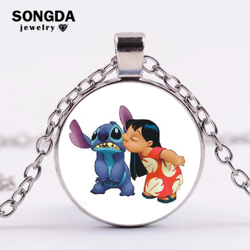 

SONGDA Cartoon Fairy Cute Stitch Necklace Alien Creatures 626 Blue Monster Photo Glass Gem Pendant Anime Necklace Kids Jewelry