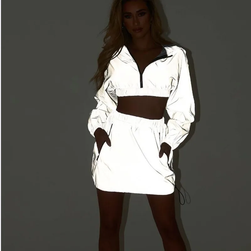 Flash Reflective Zipper long Sleeve Hoodies Pullover Hooded Crop Top High Waist Mini Skirt Women 2 piece set
Flash Reflective Zipper long Sleeve Hoodies Pullover Hooded Crop Top High Waist Mini Skirt Women 2 piece set