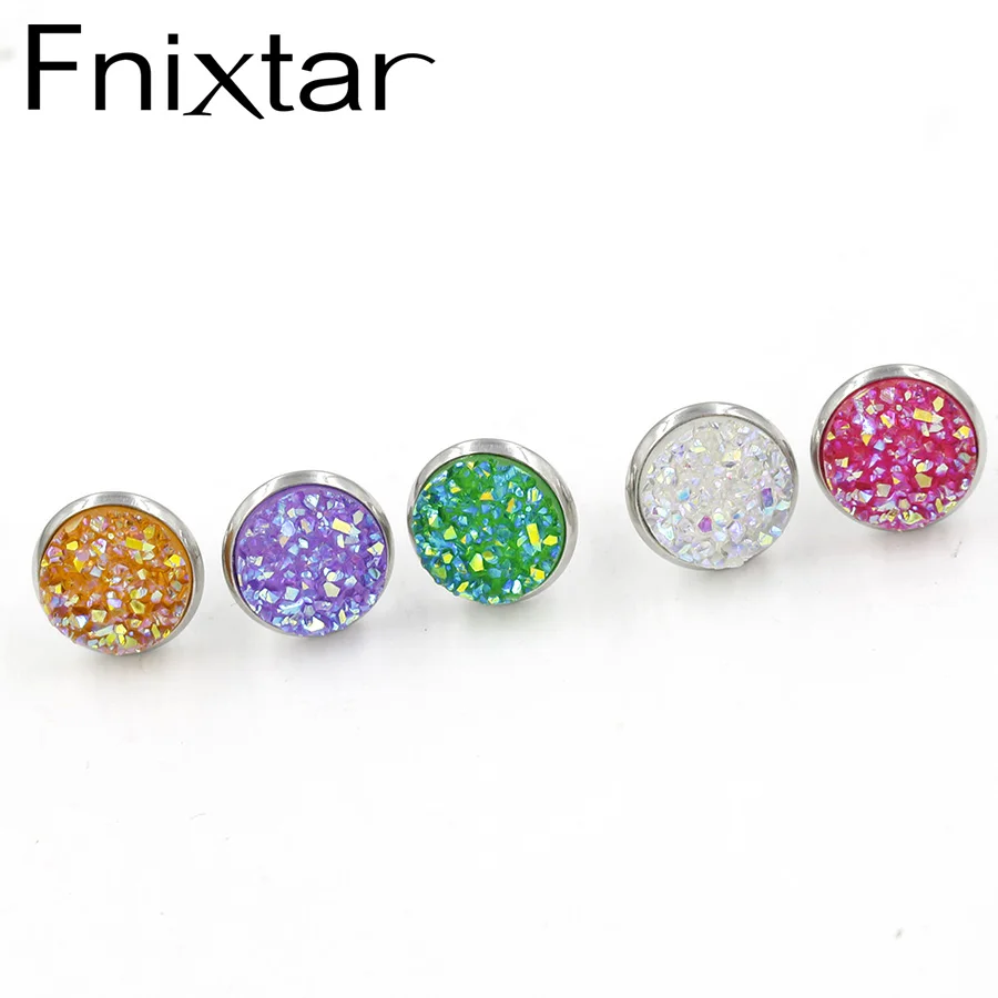 Fnixtar кварцевые Druzy Earings 12 мм нержавеющая сталь NaturalDruzy /Drusy Смола купольное