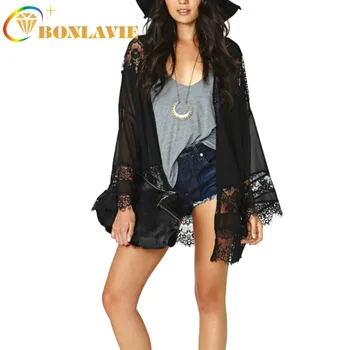 Female Summer Black Skinny Chiffon Perspective Kimono Style Lace Hollowed Stitching Loose Long Sleeve Shawl Solid Women Blouse
Female Summer Black Skinny Chiffon Perspective Kimono Style Lace Hollowed Stitching Loose Long Sleeve Shawl Solid Women Blouse