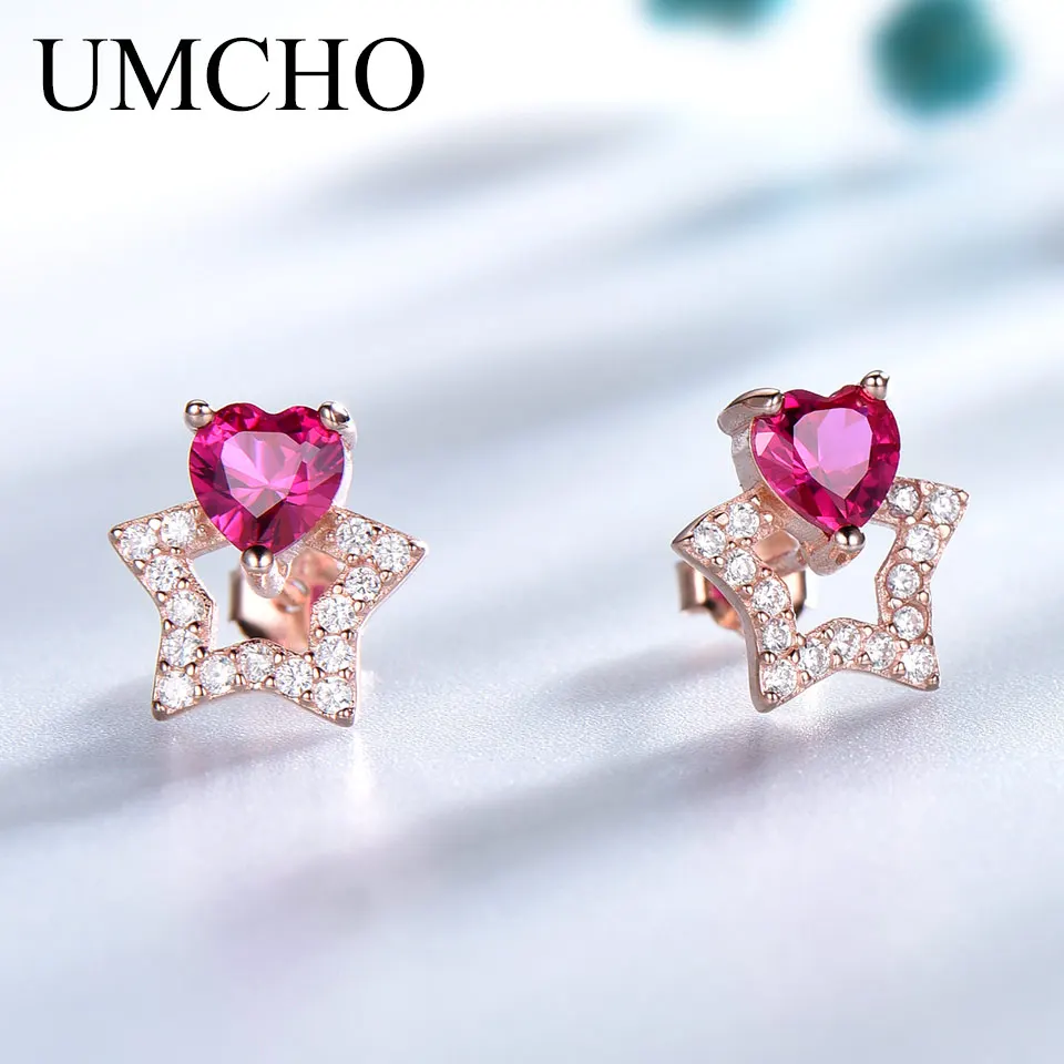 

UMCHO 925 Sterling Silver Jewelry Created Red Ruby Heart Start Stud Earrings For Lover Anniversary Romantic Gifts Fine Jewelry