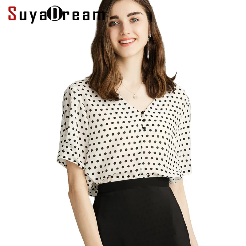 Women Dots Blouse Shirt 100% REAL SILK Crepe V neck Office Lady Summer Blouse Short Sleeved 2019 Spring Summer Shirt
Women Dots Blouse Shirt 100% REAL SILK Crepe V neck Office Lady Summer Blouse Short Sleeved 2019 Spring Summer Shirt