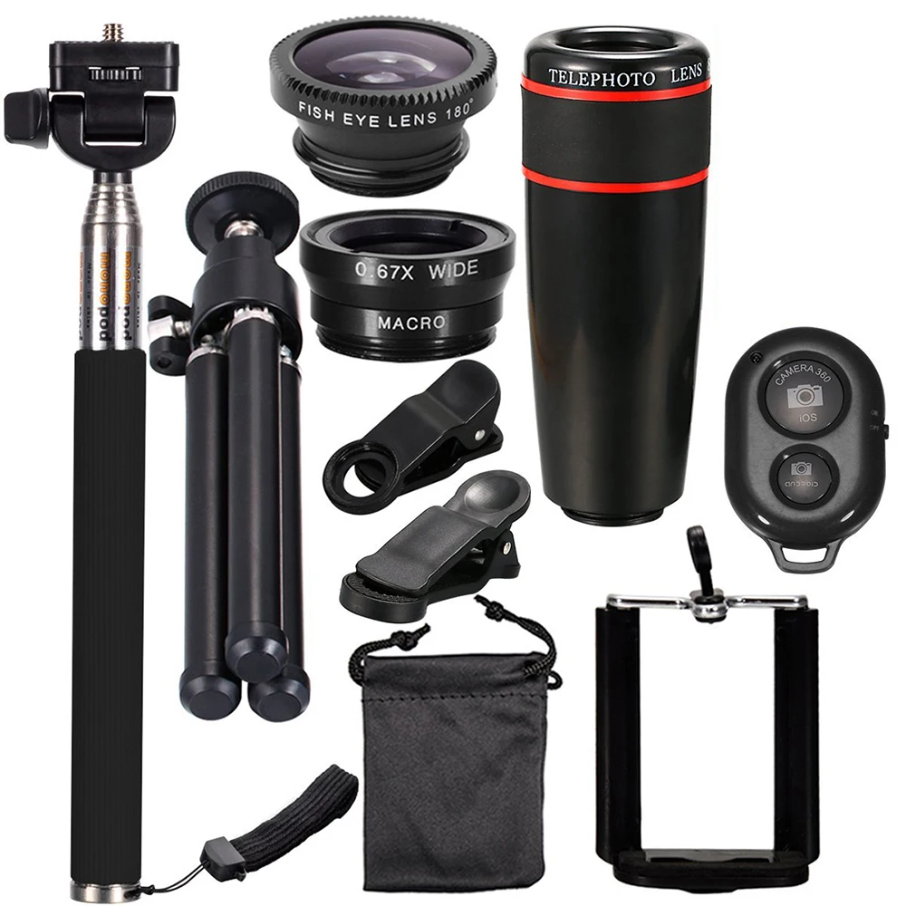 10PCS 12X Telephoto Universal Mobile Phone Lens Kits Wide Angle+Fish Eye+Macro Lens+Selfie Stick+Tripod for iPhone iPad Samsung
10PCS 12X Telephoto Universal Mobile Phone Lens Kits Wide Angle+Fish Eye+Macro Lens+Selfie Stick+Tripod for iPhone iPad Samsung