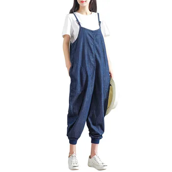 Women Loose Side Pockets Denim Spaghetti Straps Jumpsuit Casual Solid Sleeveless Elastic Bottom Ankle-Length Wide Leg Pants Je
Women Loose Side Pockets Denim Spaghetti Straps Jumpsuit Casual Solid Sleeveless Elastic Bottom Ankle-Length Wide Leg Pants Je