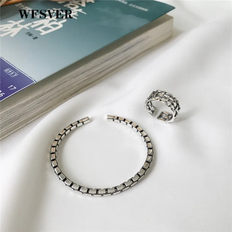WFSVER korea style 925 sterling silver ring for women openwork mesh shape personality ring opening adjustable fine jewelry gift