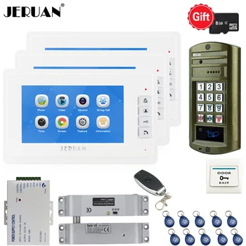 

JERUAN 7 inch Video Doorbell Voice/Video Recording Intercom System kit 3 White Monitors+ Waterproof password Access Mini Camera