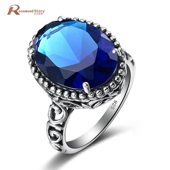 

Bulgaria Carved Lab Sapphire Stones Oval Big Ring For Women Antique 925 Sterling Silver Fine Jewelry bijoux femme marque de luxe