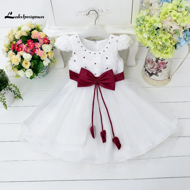2016 Girls Pageant Dresses Pearl Knee Length Bow Little Baby Flower Girl For Weddings junior bridesmaid dresses | Свадьбы и