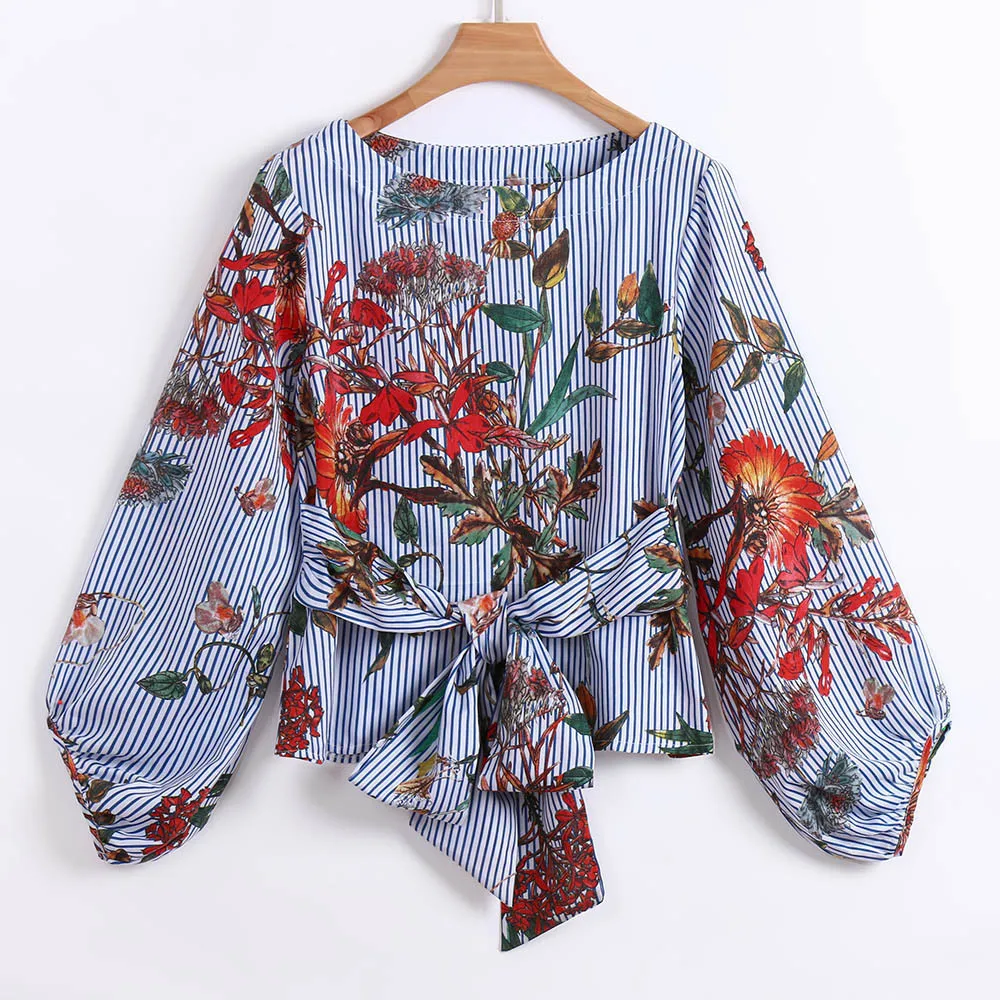 Womens Tops and Blouses 2018 Vintage Striped Floral Print Long Sleeve Shirts with Belt Tunic Lantern Sleeve Ladies Top Clothes
Womens Tops and Blouses 2018 Vintage Striped Floral Print Long Sleeve Shirts with Belt Tunic Lantern Sleeve Ladies Top Clothes