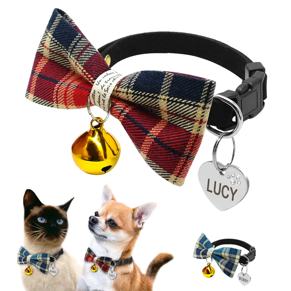 

Personalized Puppy Kitten Plaid Bell Bowtie Collar With Custom Engraved Pet Dogs Cats ID Tag Small Cat Dog Collars For Chihuahua