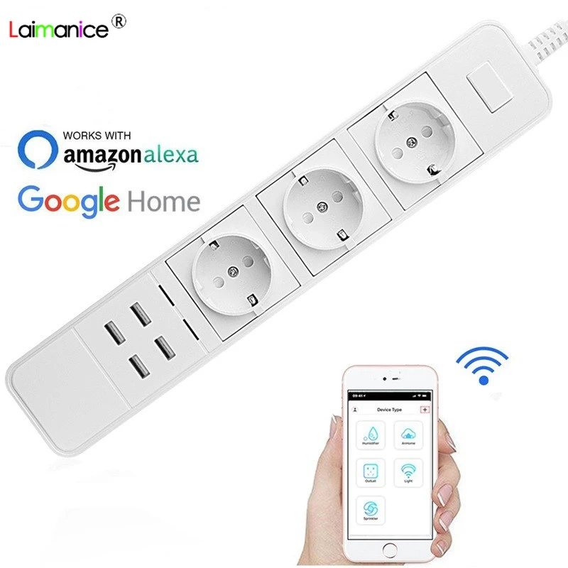 Wifi Smart Power Strip 3 EU Outlets Plug with 4 USBCharging Port Timing App Voice Control Work with Alexa Google Home Assistant 
Wifi Smart Power Strip 3 EU Outlets Plug with 4 USBCharging Port Timing App Voice Control Work with Alexa Google Home Assistant