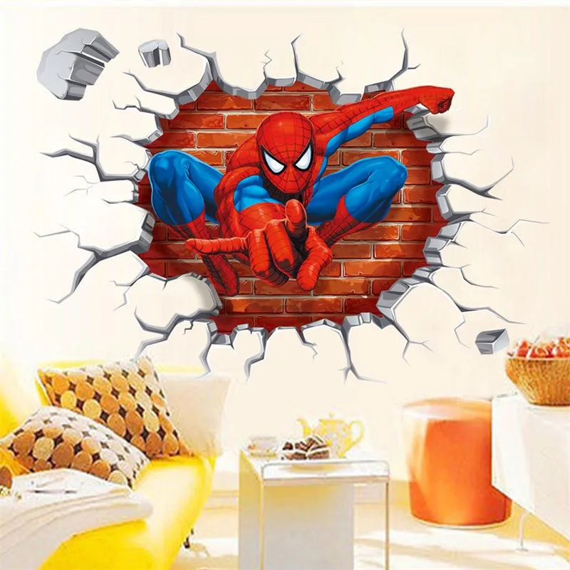 45*50cm hot 3d hole famous cartoon movie spiderman wall stickers for kids rooms boys gifts through wall decals home decor mural