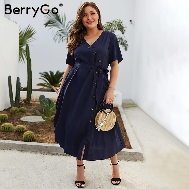 BerryGo Plus size dresses women dress Elegant short sleeve button sashes midi dress Summer casual streetwear soft ladies dress
BerryGo Plus size dresses women dress Elegant short sleeve button sashes midi dress Summer casual streetwear soft ladies dress