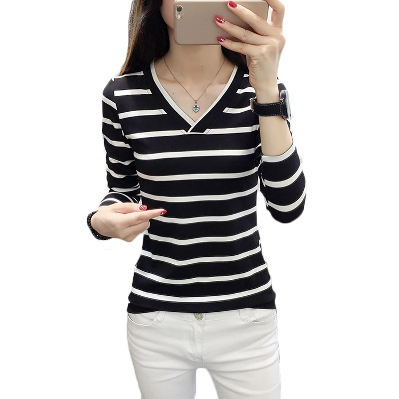 Autumn V Neck Striped Print T shirts Women Casual Long Sleeve Fashion Cotton T-shirt Tops Demale Tee Tops
Autumn V Neck Striped Print T shirts Women Casual Long Sleeve Fashion Cotton T-shirt Tops Demale Tee Tops