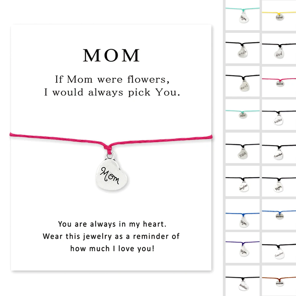 Mom Heart Card Bracelets Daughter Grandma Grandpa Sister Dad Father Brother Uncle Aunt Son Friends Charm Jewelry Women Gift
Mom Heart Card Bracelets Daughter Grandma Grandpa Sister Dad Father Brother Uncle Aunt Son Friends Charm Jewelry Women Gift