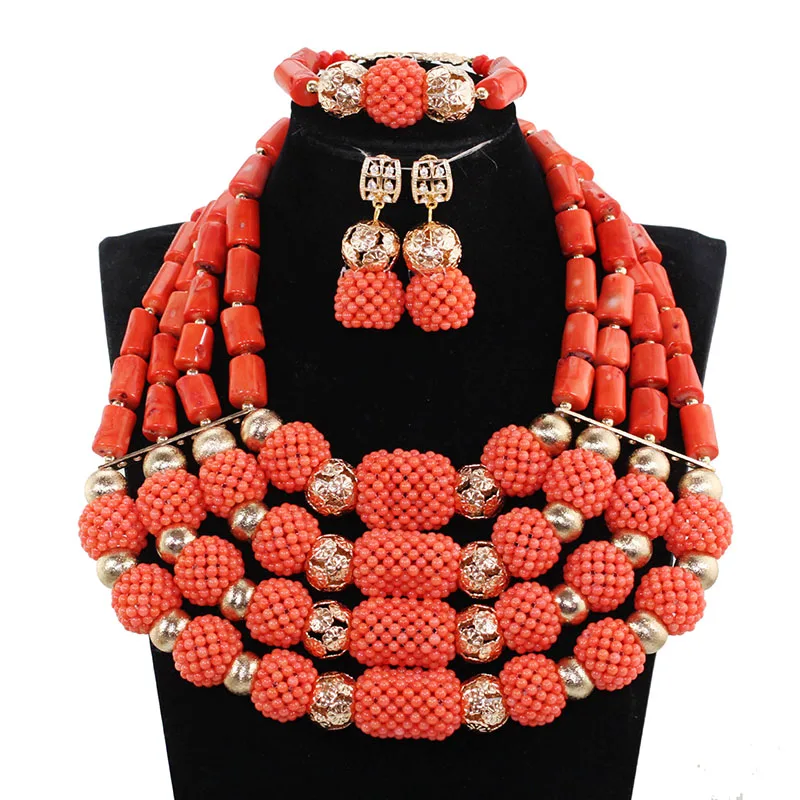 

Original Real Coral Costume Jewelry Set for Women Fabulous 4 Layers Big Full Coral Beads Statement Wedding Jewelry Sets ABH703