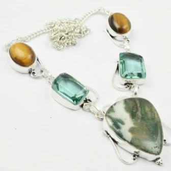 Moss Agates & Blue Topas & Tiger Eye Necklace Silver Overlay over Copper, 46 cm, N2363
Moss Agates & Blue Topas & Tiger Eye Necklace Silver Overlay over Copper, 46 cm, N2363