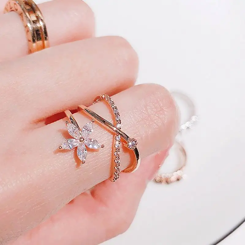 Gold Color rainbow open adjust rings CZ elegance lady Ring Big parachute shape