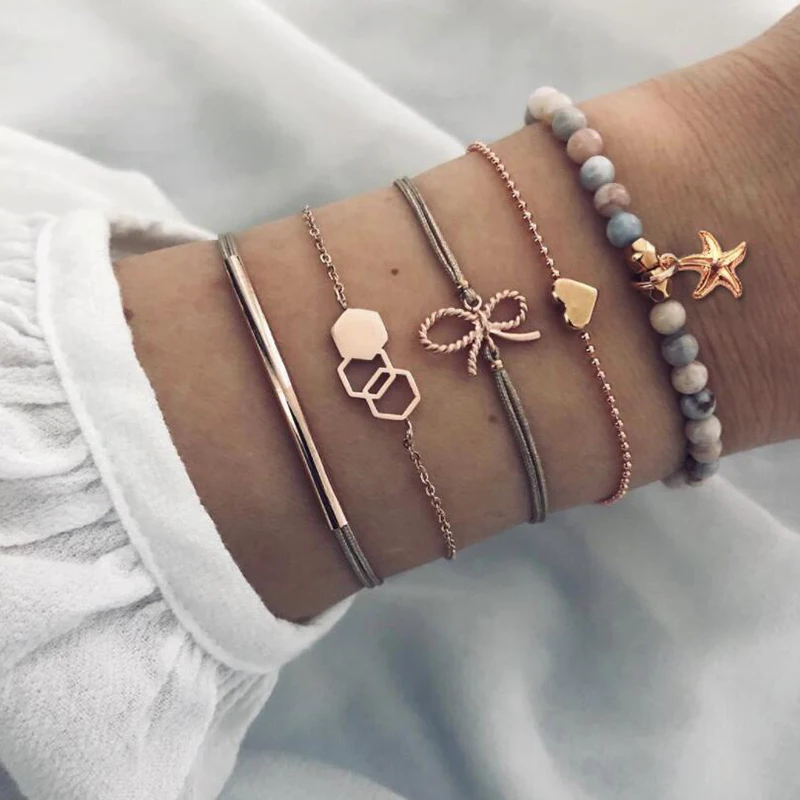 5 Pcs/ Set Exquisite Bowknot Heart Love Starfish Geometric Chain Leather Multilayer Bracelet Female Charm Gold Jewelry Gift
5 Pcs/ Set Exquisite Bowknot Heart Love Starfish Geometric Chain Leather Multilayer Bracelet Female Charm Gold Jewelry Gift