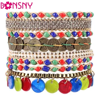 

Bonsny Handmade Bracelet Women bohemian Brand Bangle Weave Fashion Crystal shell Sequins Bracelets 2016 New Jewelry For Girl