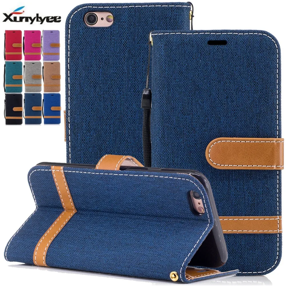 Image For iPhone 6s Case, jean texture Canvas Wallet Design Shockproof Folio For iPhone 5 5s SE 6 6S Plus 7 7 Plus Cover Case Silicone