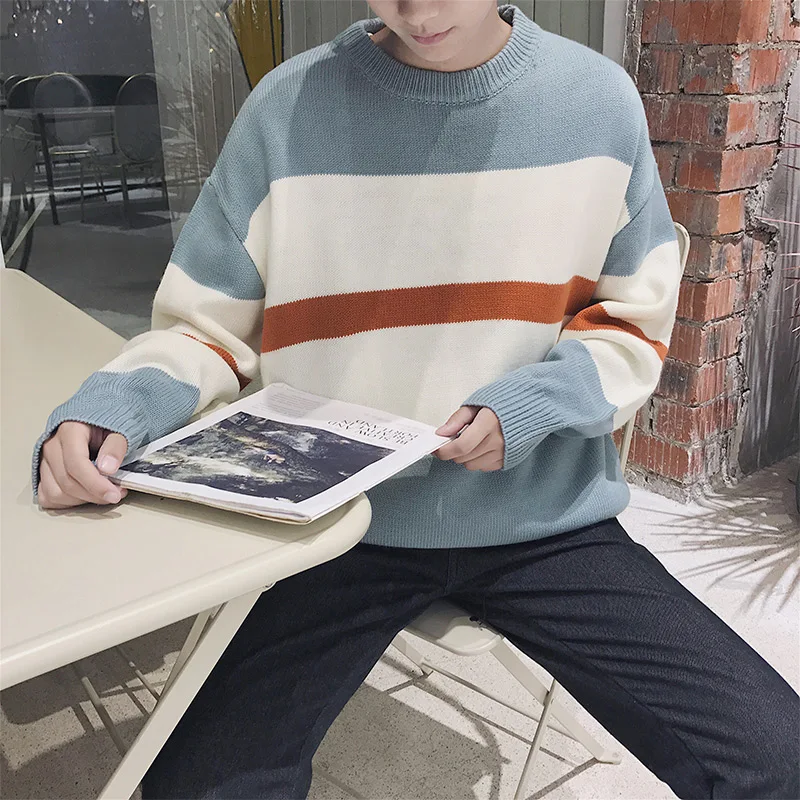 Men's Sweater 2019 Spring New Round Neck Loose Striped Long-sleeved Sweater Pullover Hong Kong Style Stitching Student Couple
Men's Sweater 2019 Spring New Round Neck Loose Striped Long-sleeved Sweater Pullover Hong Kong Style Stitching Student Couple