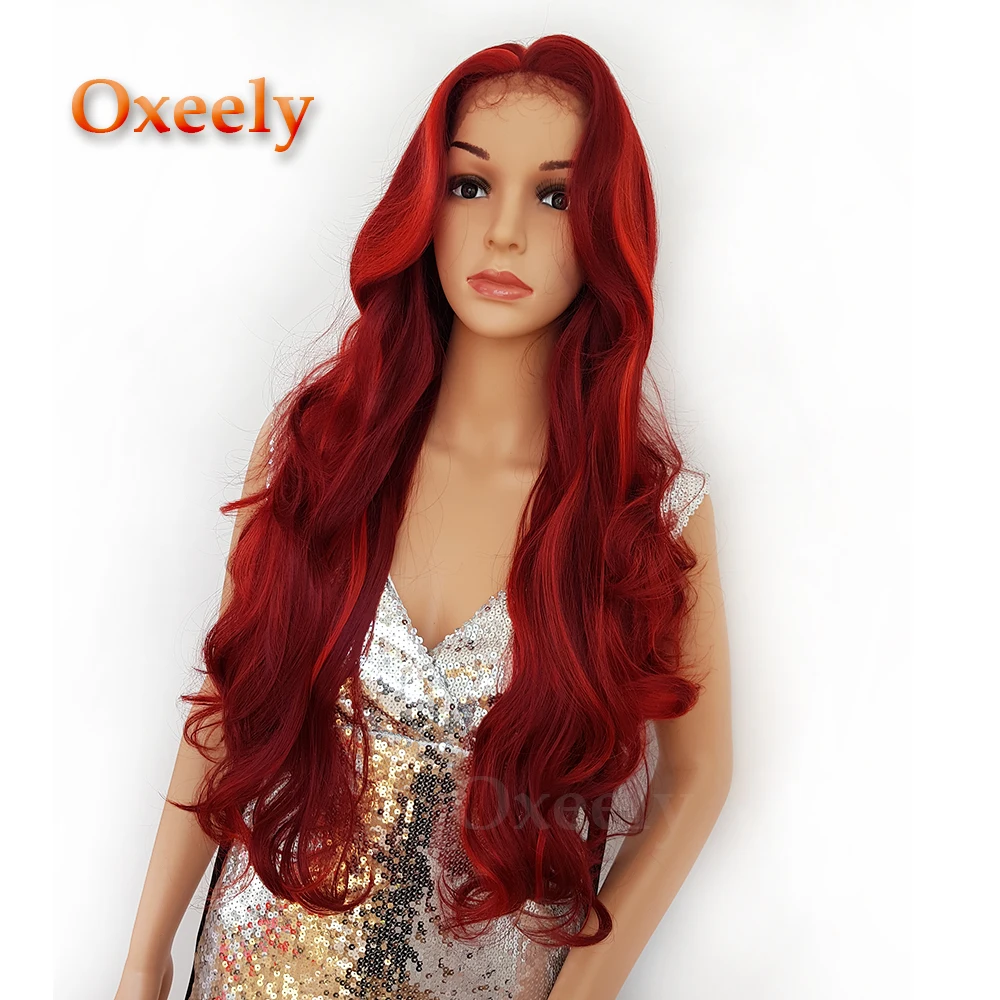 

Oxeely Ombre Red Hair Long Body Wavy Synthetic Lace Front Wig Free Part Glueless Crimson Lace Wigs for Black Women