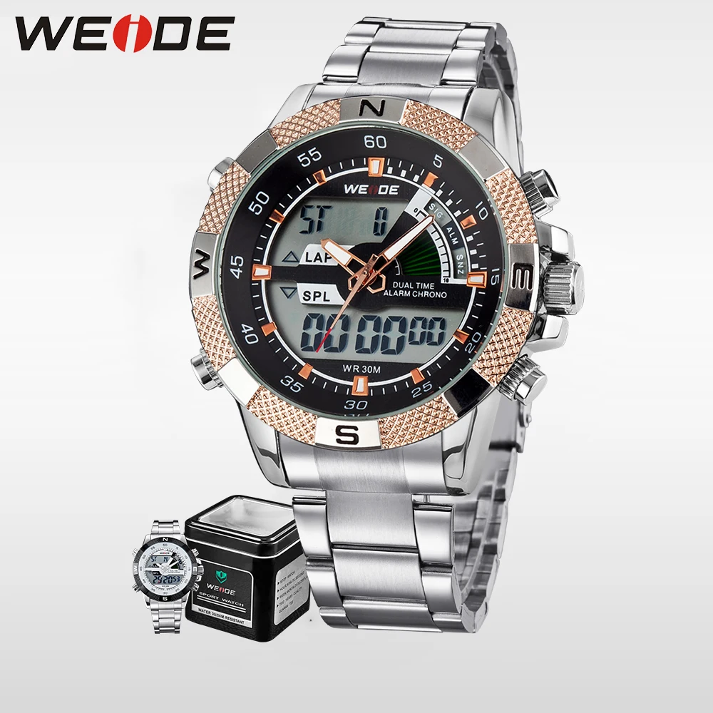 

WEIDE Men Business Quartz Wrist Watch Dual Time Zone Top Brand Big Dial Stainless Steel Sports alarm Clock Gold LCD relogio 1104