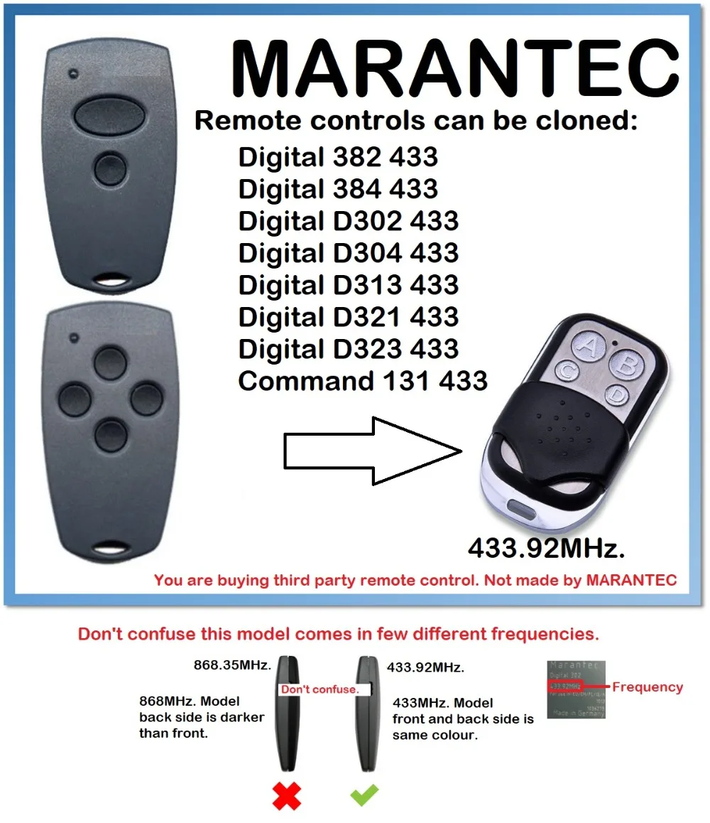 Marantec Digital D302, D304 433 Universal Remote Control Duplicator 433.92MHz. (only for 433.92mhz fixed code)
Marantec Digital D302, D304 433 Universal Remote Control Duplicator 433.92MHz. (only for 433.92mhz fixed code)
