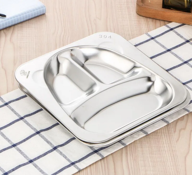Stainless steel grid snack plate deep thick 2/3 grid students adult canteen tableware metal snack plate Stainless steel grid snack plate deep thick 2/3 grid students adult canteen tableware metal snack plate