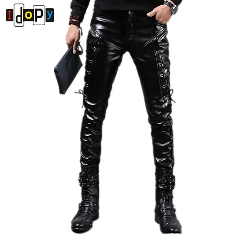 

Fashion Autumn&Winter Skinny Leather Pants Faux Black Joggers Motorcycle Party NightClub Trousers For Men With Strings