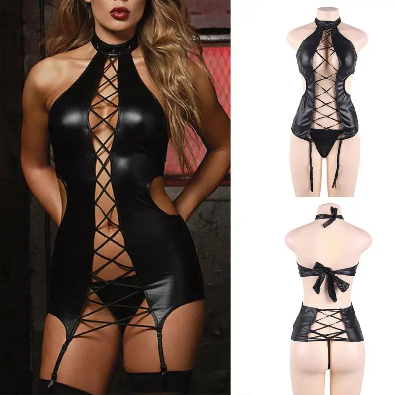 Lady Sexy Faux Leather Dress Backless Lace-Up Dress Women G-String Black Halter Clubwear
Lady Sexy Faux Leather Dress Backless Lace-Up Dress Women G-String Black Halter Clubwear