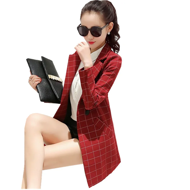 Fmasuth Spring Red Plaid Blazer Women Long Sleeve With Pockets Office