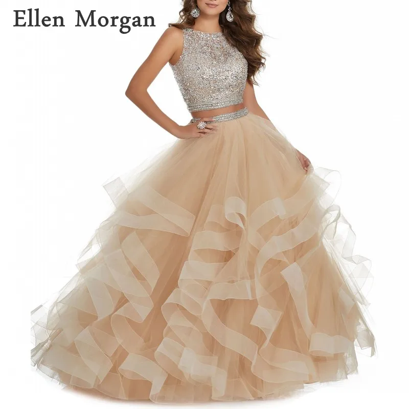 2 Pieces Champagne Prom Dresses for Women Long Boat Neck Floor Length Beaded Tulle Ruffles Formal Party Gowns 2019
2 Pieces Champagne Prom Dresses for Women Long Boat Neck Floor Length Beaded Tulle Ruffles Formal Party Gowns 2019
