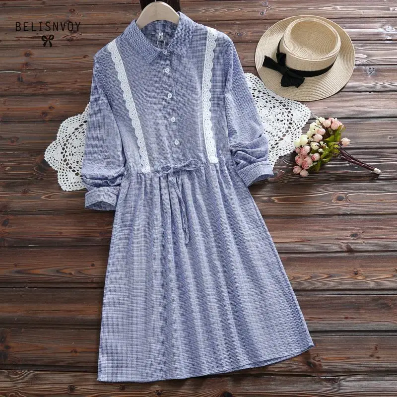 Mori Girl Autumn Spring Women Plaid Dress Turn-down Collar Corchet Casual String Ropa Mujer Full Sleeve Cotton Linen Sweet Dress
Mori Girl Autumn Spring Women Plaid Dress Turn-down Collar Corchet Casual String Ropa Mujer Full Sleeve Cotton Linen Sweet Dress