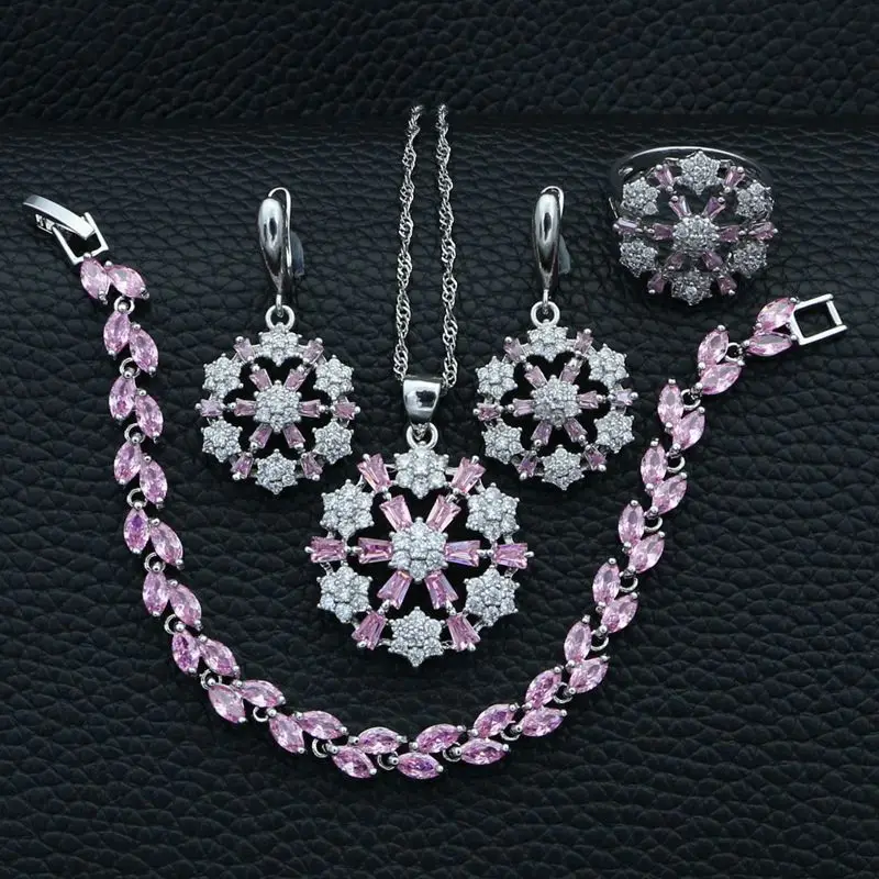 925 Sterling Silver Jewelry Set Pink Cubic Zirconia White Crystal For Women Wedding Necklace/Earrings/Bracelet/Pendant/Ring 
925 Sterling Silver Jewelry Set Pink Cubic Zirconia White Crystal For Women Wedding Necklace/Earrings/Bracelet/Pendant/Ring