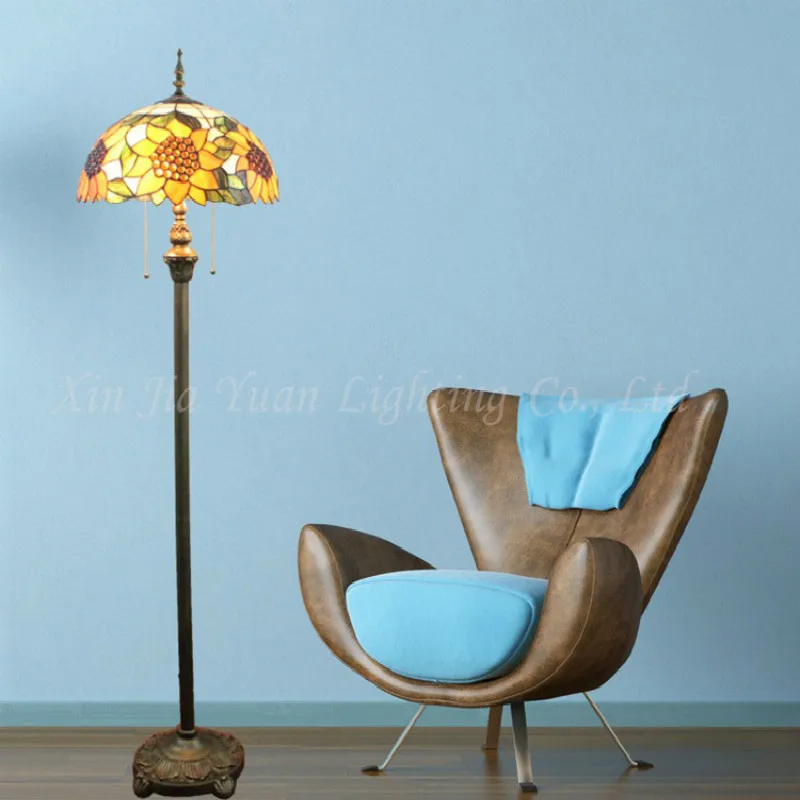 

New Creative Retro Tiffany Golden Sun Flower Colorful Glass Led E27*2 Floor Lamp For Living Room Study Bedroom Deco H 153cm 2260