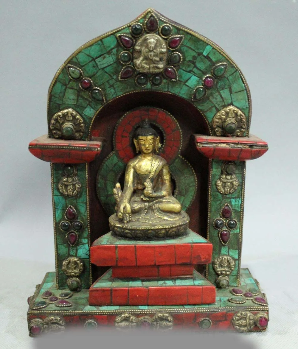 9" Tibet Buddhism Bronze Gilt Turquoise Coral Shakyamuni Sakyamuni Buddha Tang K