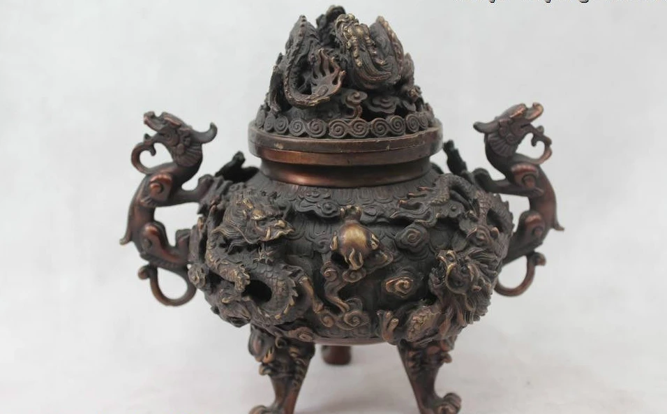 

7"Marked Chinese Dynasty Bronze Nine Dragon Handle Lion Incense Burner Censer